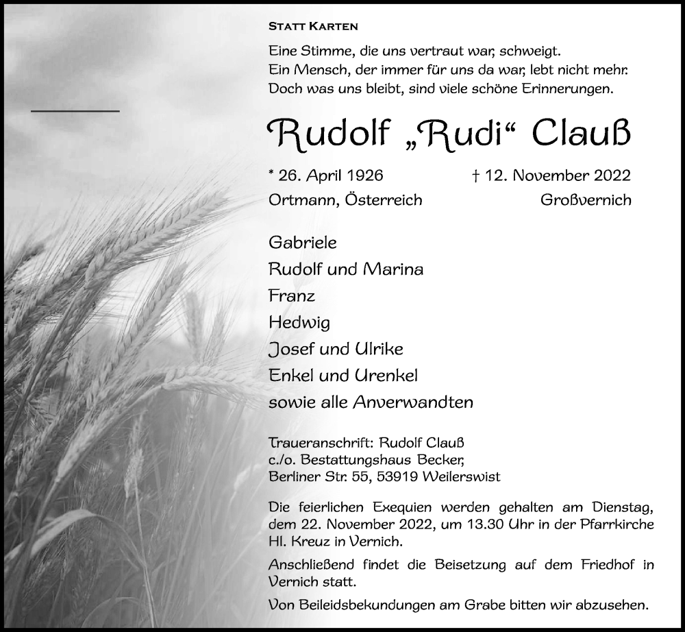  Traueranzeige für Rudolf Clauß vom 19.11.2022 aus Kölner Stadt-Anzeiger / Kölnische Rundschau / Express