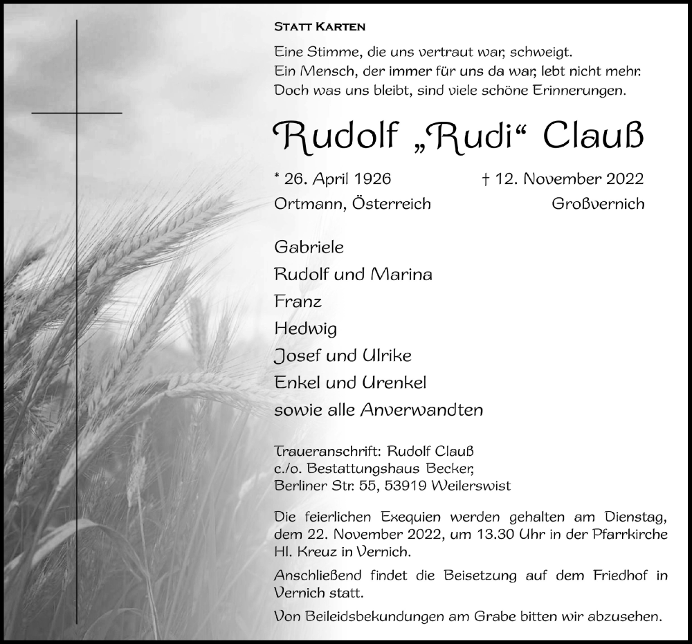  Traueranzeige für Rudolf Clauß vom 19.11.2022 aus  Blickpunkt Euskirchen 