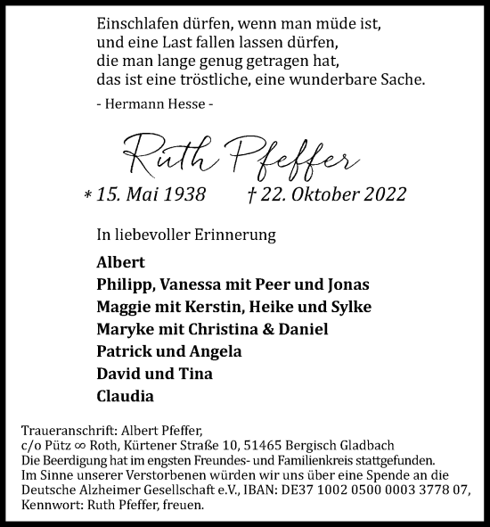 Anzeige von Ruth Pfeffer von Kölner Stadt-Anzeiger / Kölnische Rundschau / Express