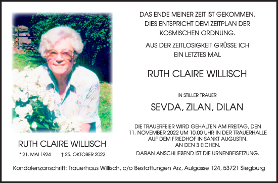 Anzeige von Ruth Claire Willisch von Kölner Stadt-Anzeiger / Kölnische Rundschau / Express