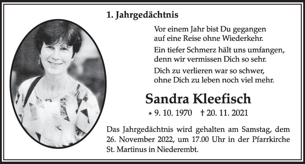  Traueranzeige für Sandra Kleefisch vom 18.11.2022 aus  Werbepost 