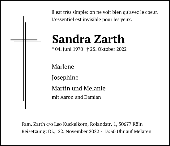 Anzeige von Sandra Zarth von Kölner Stadt-Anzeiger / Kölnische Rundschau / Express