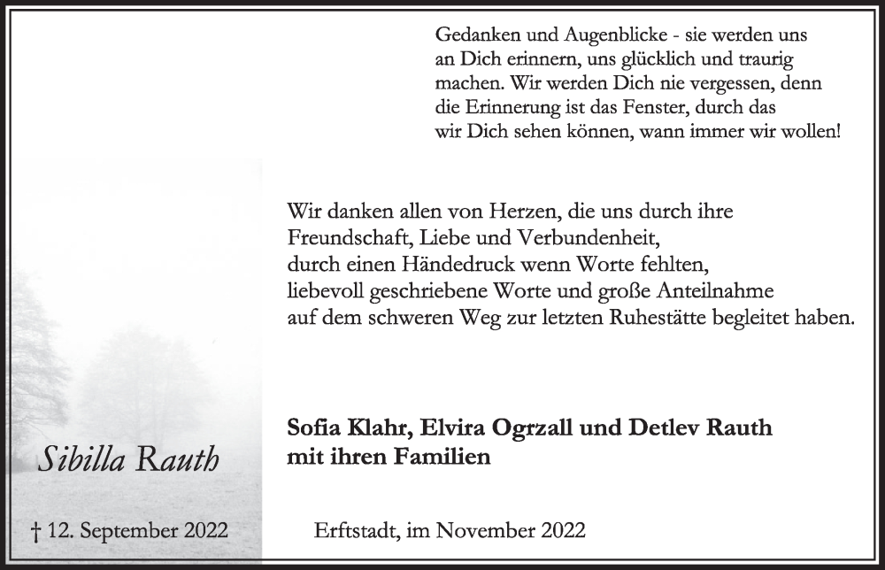  Traueranzeige für Sibilla Rauth vom 11.11.2022 aus  Werbepost 