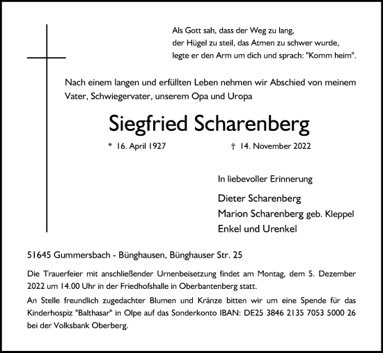 Anzeige von Siegfried Scharenberg von Kölner Stadt-Anzeiger / Kölnische Rundschau / Express