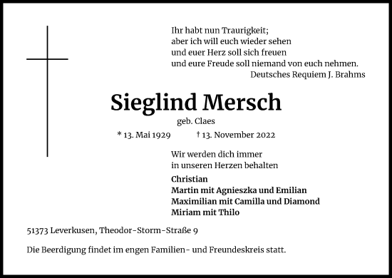 Anzeige von Sieglind Mersch von Kölner Stadt-Anzeiger / Kölnische Rundschau / Express