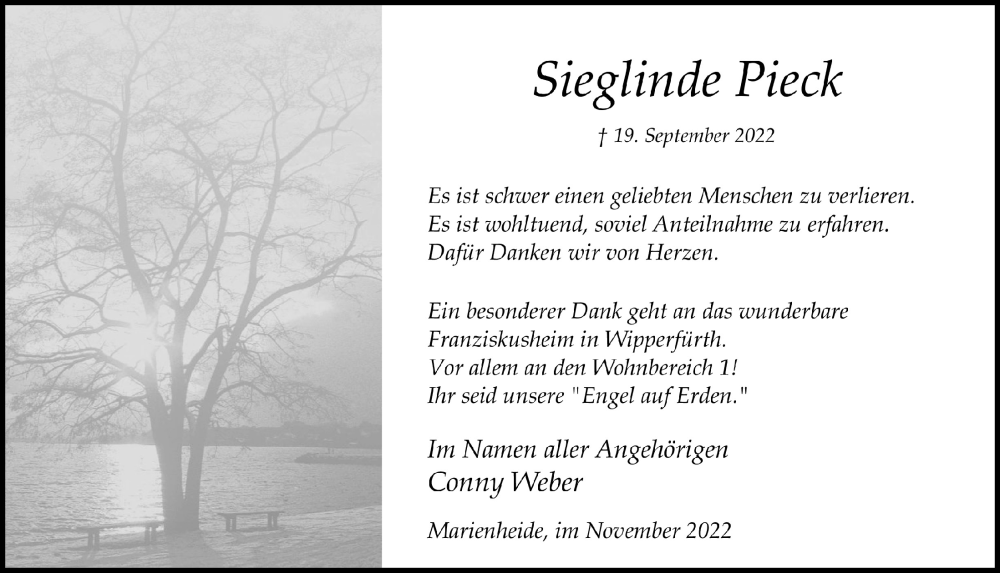  Traueranzeige für Sieglinde Pieck vom 25.11.2022 aus  Anzeigen Echo 