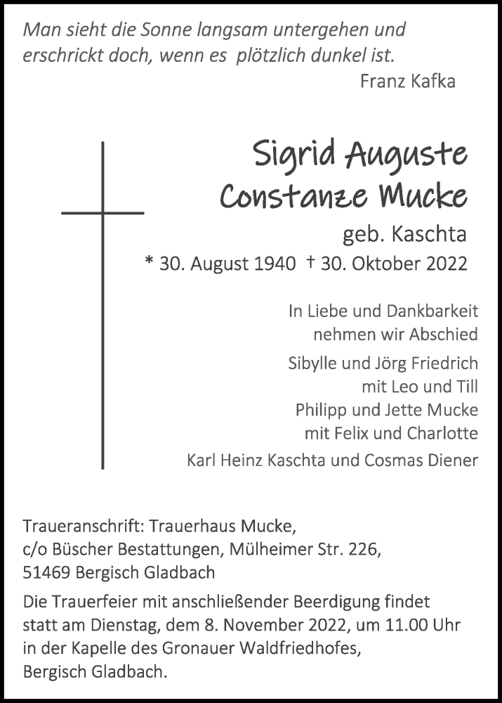  Traueranzeige für Sigrid August Constanze Mucke vom 05.11.2022 aus Kölner Stadt-Anzeiger / Kölnische Rundschau / Express