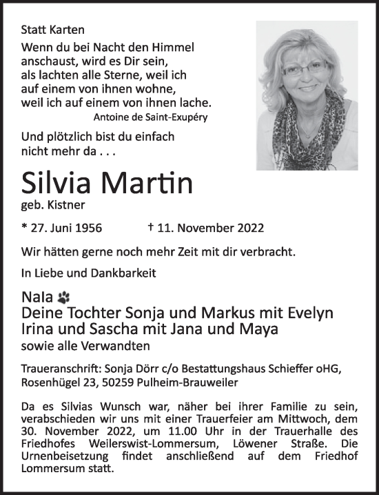 Anzeige von Silvia Martin von  Wochenende  Werbepost 