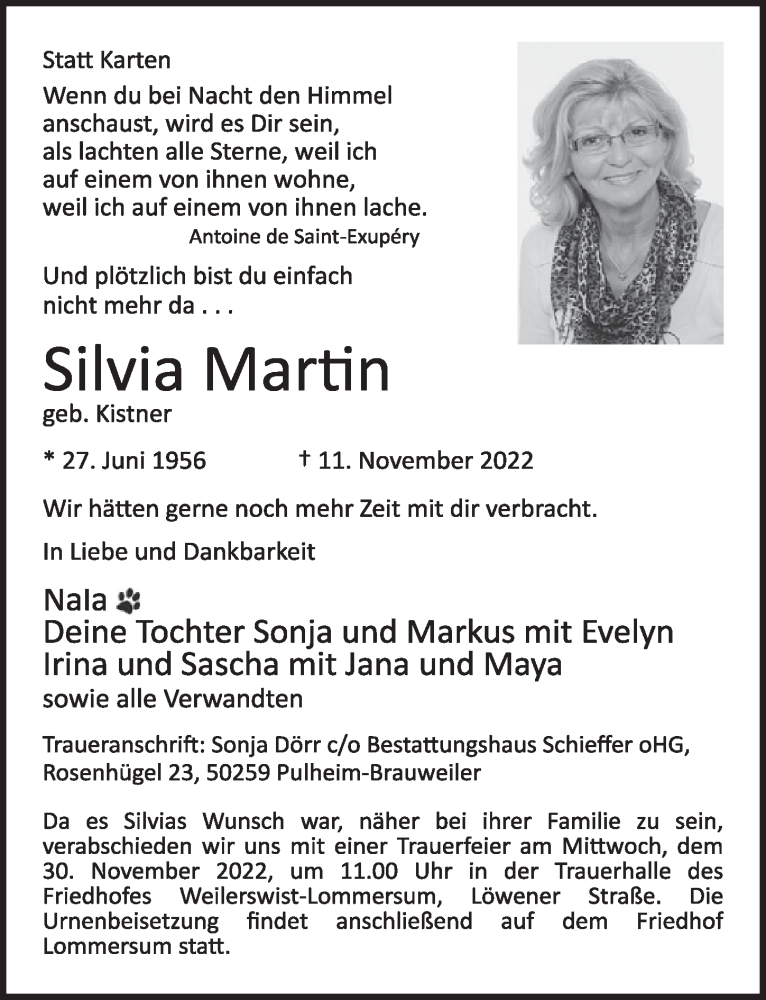  Traueranzeige für Silvia Martin vom 26.11.2022 aus  Wochenende  Werbepost 