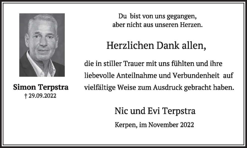  Traueranzeige für Simon Terpstra vom 04.11.2022 aus  Werbepost 