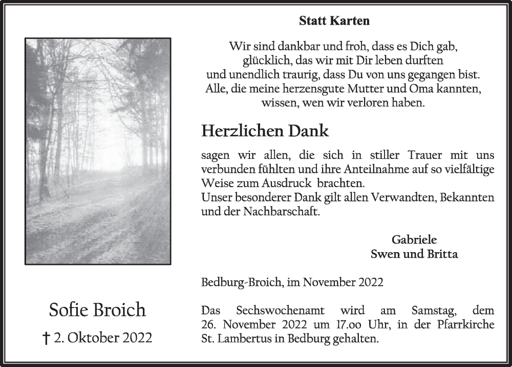  Traueranzeige für Sofie Broich vom 18.11.2022 aus  Werbepost 