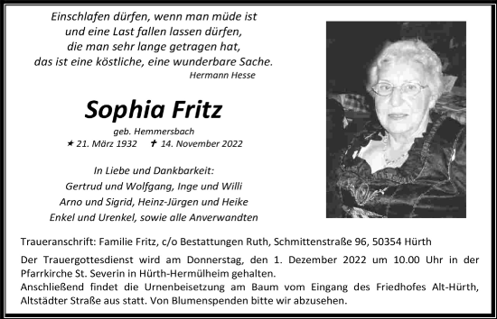 Anzeige von Sophia Fritz von  Wochenende 