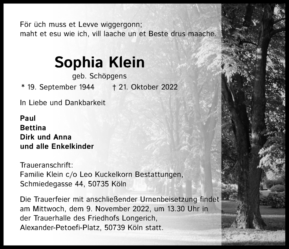  Traueranzeige für Sophia Klein vom 05.11.2022 aus Kölner Stadt-Anzeiger / Kölnische Rundschau / Express