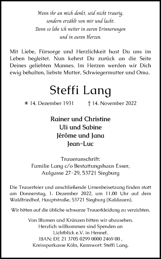 Anzeige von Steffi Lang von Kölner Stadt-Anzeiger / Kölnische Rundschau / Express