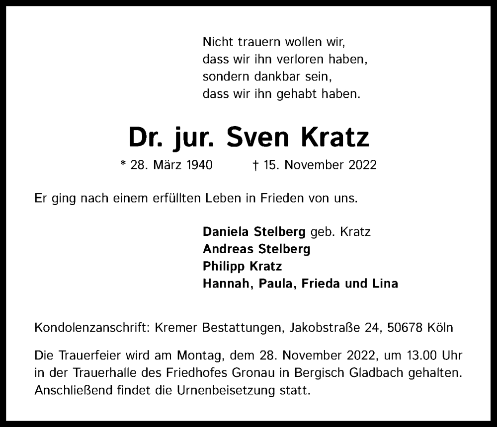  Traueranzeige für Sven Kratz vom 26.11.2022 aus Kölner Stadt-Anzeiger / Kölnische Rundschau / Express