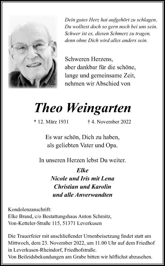 Anzeige von Theo Weingarten von Kölner Stadt-Anzeiger / Kölnische Rundschau / Express