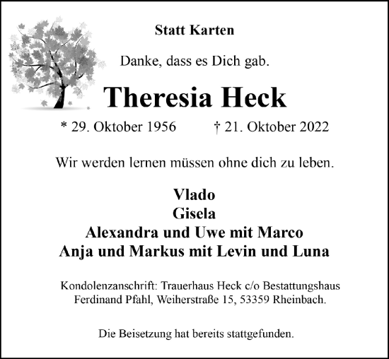 Anzeige von Theresia Heck von  Schaufenster/Blickpunkt 