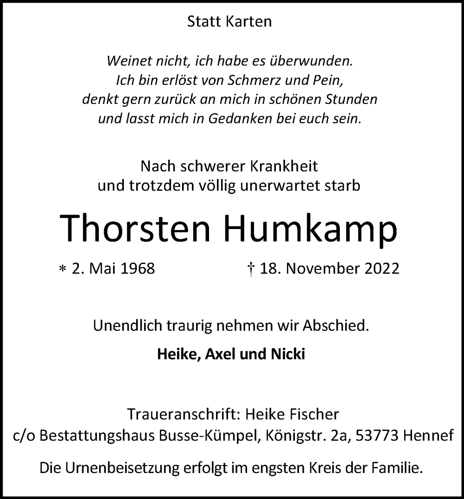  Traueranzeige für Thorsten Humkamp vom 26.11.2022 aus Kölner Stadt-Anzeiger / Kölnische Rundschau / Express