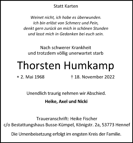 Anzeige von Thorsten Humkamp von Kölner Stadt-Anzeiger / Kölnische Rundschau / Express