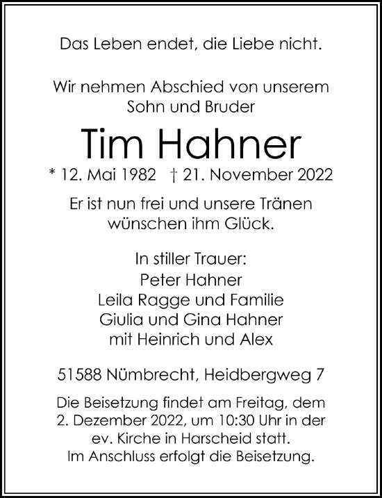 Anzeige von Tim Hahner von  Lokalanzeiger 