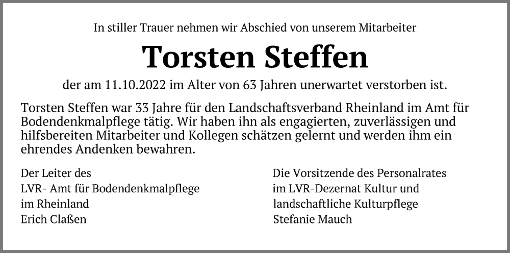  Traueranzeige für Torsten Steffen vom 09.11.2022 aus Kölner Stadt-Anzeiger / Kölnische Rundschau / Express