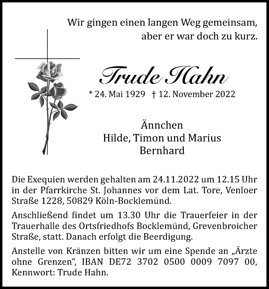  Traueranzeige für Trude Hahn vom 19.11.2022 aus Kölner Stadt-Anzeiger / Kölnische Rundschau / Express