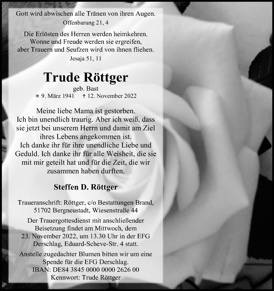  Traueranzeige für Trude Röttger vom 19.11.2022 aus Kölner Stadt-Anzeiger / Kölnische Rundschau / Express