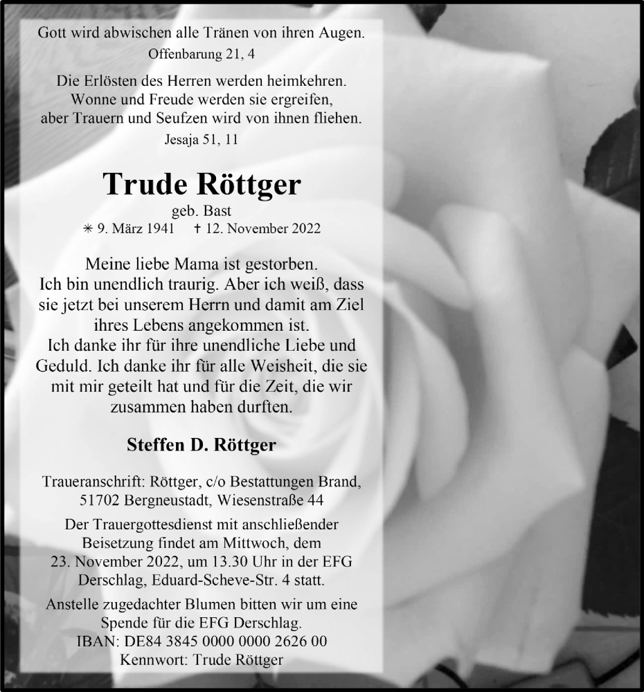  Traueranzeige für Trude Röttger vom 18.11.2022 aus  Anzeigen Echo 