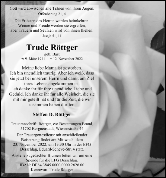 Anzeige von Trude Röttger von  Anzeigen Echo 