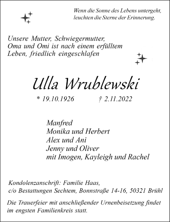 Anzeige von Ulla Wrublewski von  Schlossbote/Werbekurier 