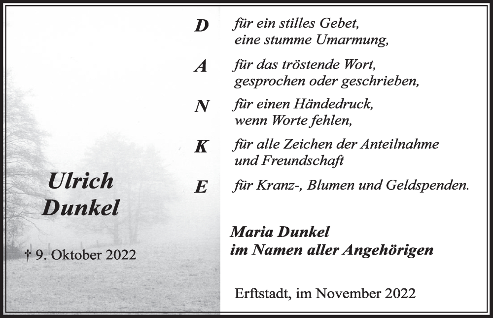 Traueranzeige für Ulrich Dunkel vom 18.11.2022 aus  Werbepost 