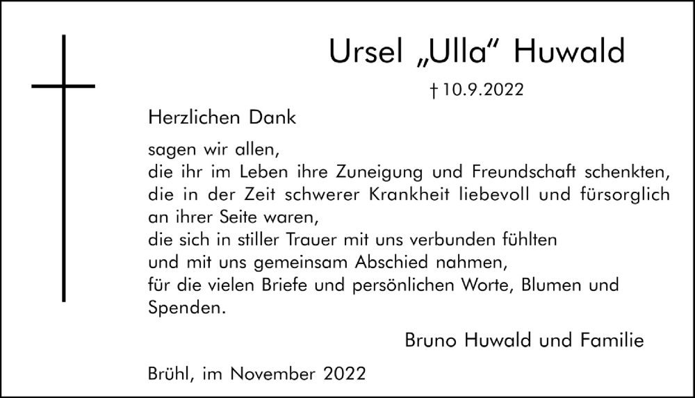 Traueranzeige für Ursel Huwald vom 18.11.2022 aus  Schlossbote/Werbekurier 