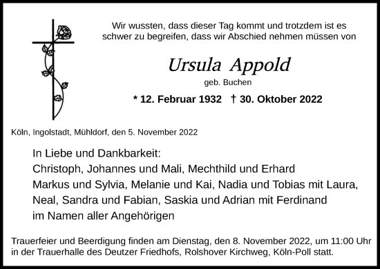 Anzeige von Ursula Appold von Kölner Stadt-Anzeiger / Kölnische Rundschau / Express