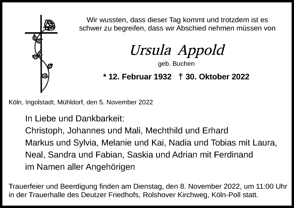  Traueranzeige für Ursula Appold vom 05.11.2022 aus Kölner Stadt-Anzeiger / Kölnische Rundschau / Express