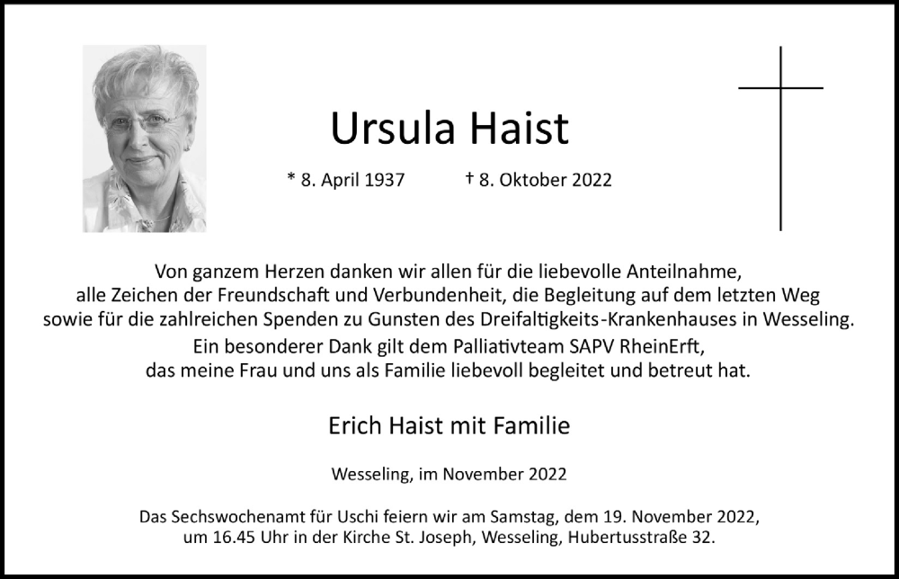 Traueranzeige für Ursula Haist vom 11.11.2022 aus  Schlossbote/Werbekurier 