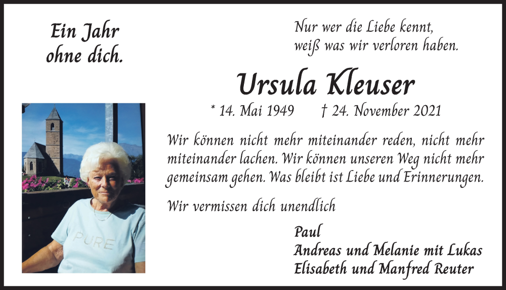 Traueranzeige für Ursula Kleuser vom 25.11.2022 aus  Bergisches Handelsblatt 