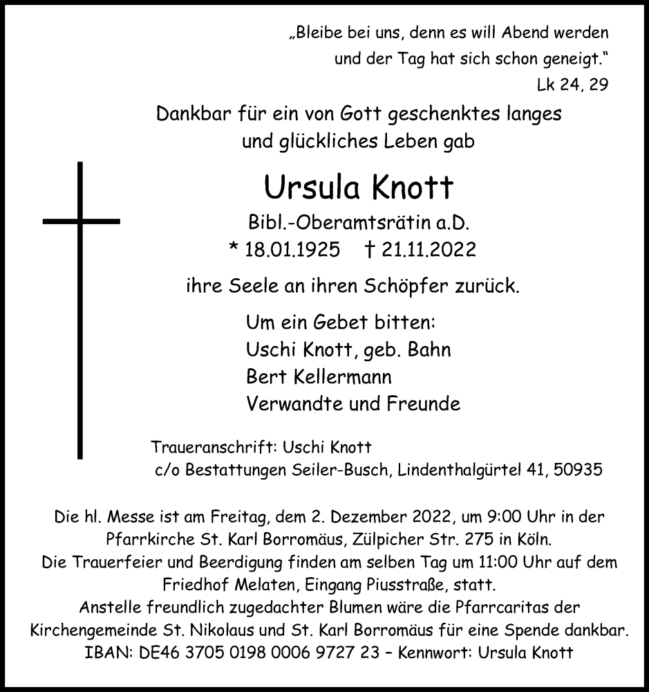 Traueranzeige für Ursula Knott vom 26.11.2022 aus Kölner Stadt-Anzeiger / Kölnische Rundschau / Express