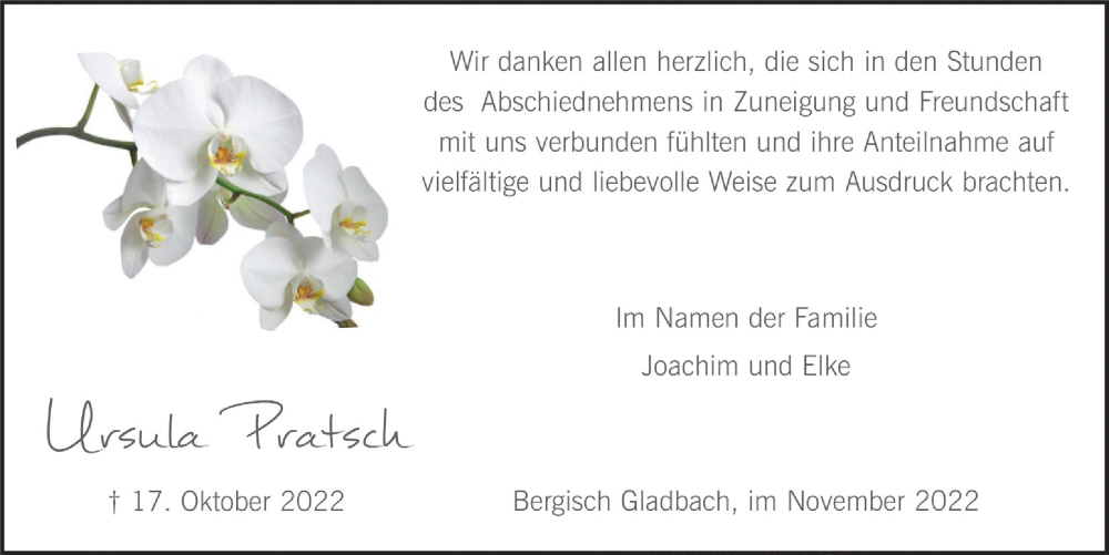  Traueranzeige für Ursula Pratsch vom 25.11.2022 aus  Bergisches Handelsblatt 