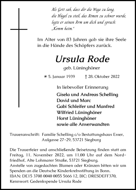 Anzeige von Ursula Rode von Kölner Stadt-Anzeiger / Kölnische Rundschau / Express