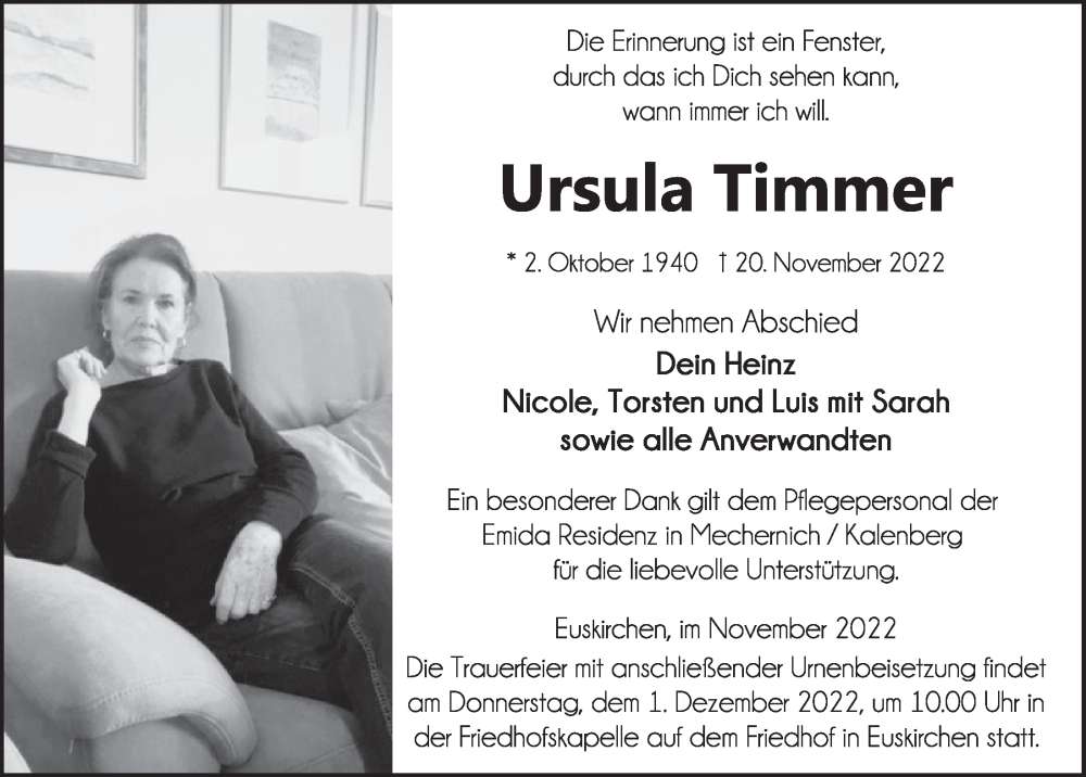  Traueranzeige für Ursula Timmer vom 26.11.2022 aus  Blickpunkt Euskirchen 