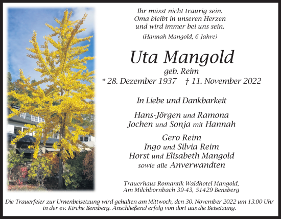 Anzeige von Uta Mangold von Kölner Stadt-Anzeiger / Kölnische Rundschau / Express