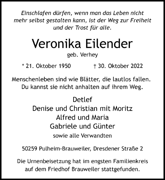 Anzeige von Veronika Eilender von  Wochenende 