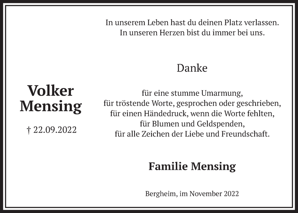  Traueranzeige für Volker Mensing vom 11.11.2022 aus  Werbepost 