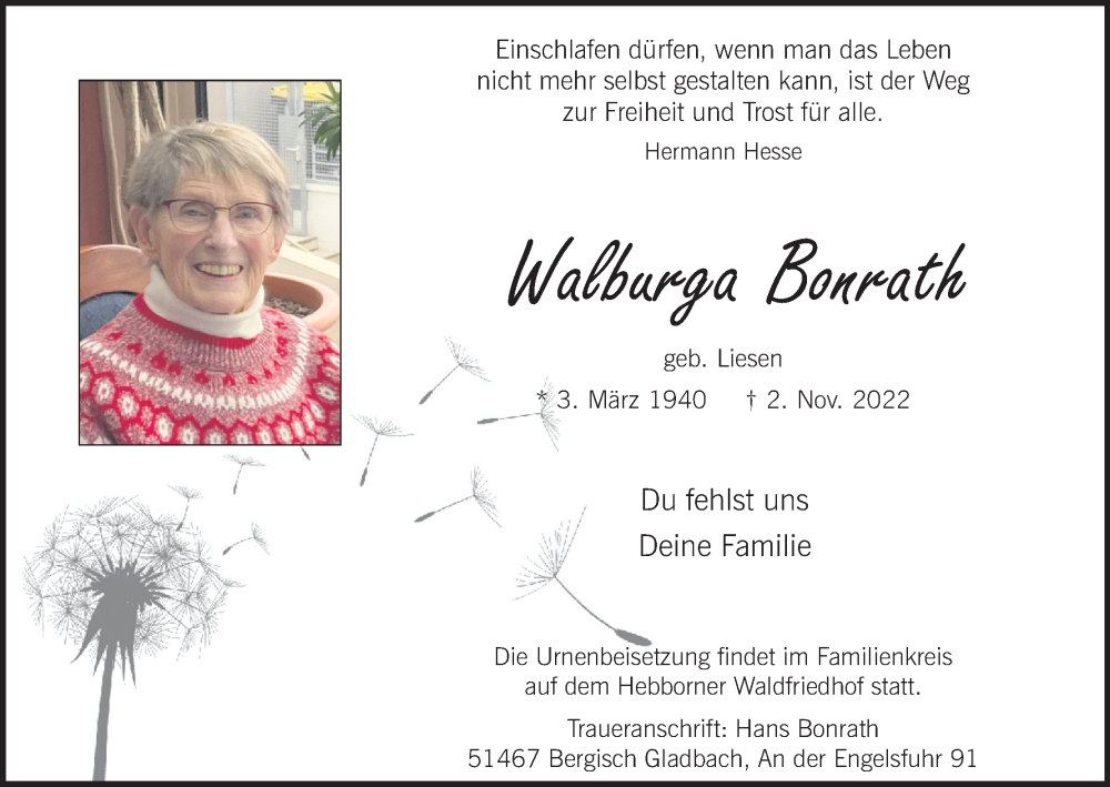  Traueranzeige für Walburga Bonrath vom 12.11.2022 aus Kölner Stadt-Anzeiger / Kölnische Rundschau / Express