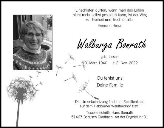 Anzeige von Walburga Bonrath von Kölner Stadt-Anzeiger / Kölnische Rundschau / Express