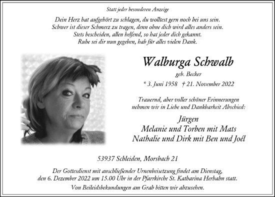 Anzeige von Walburga Schwalb von  Blickpunkt Euskirchen 