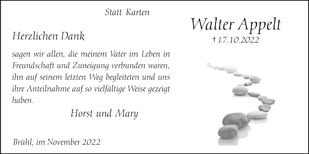 Traueranzeige für Walter Appelt vom 18.11.2022 aus  Schlossbote/Werbekurier 