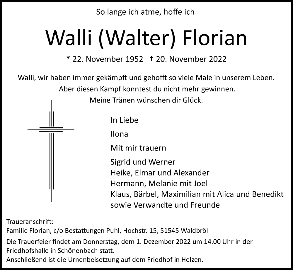  Traueranzeige für Walter Florian vom 26.11.2022 aus Kölner Stadt-Anzeiger / Kölnische Rundschau / Express