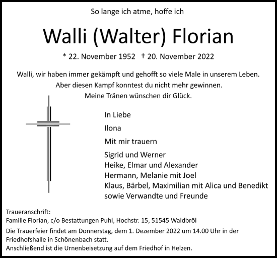 Anzeige von Walter Florian von  Lokalanzeiger 