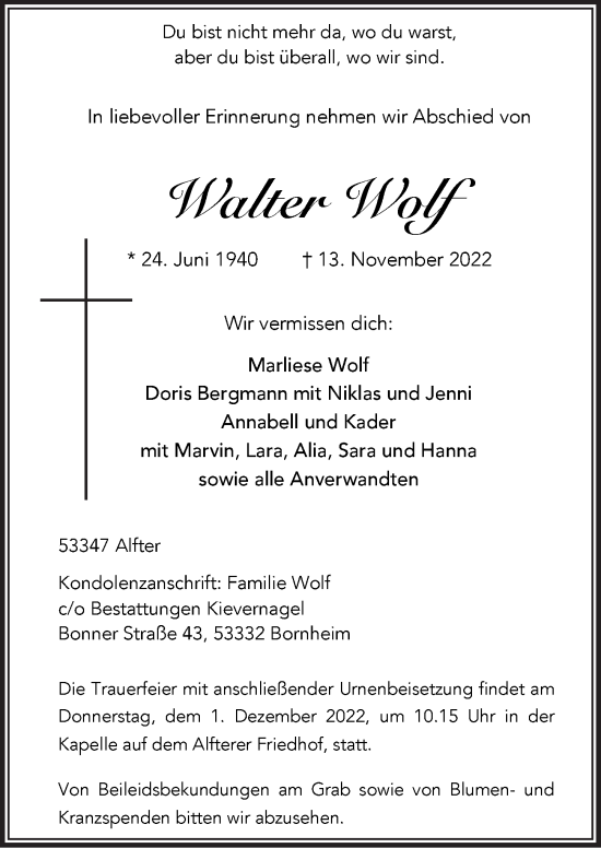 Anzeige von Walter Wolf von  Schaufenster/Blickpunkt 
